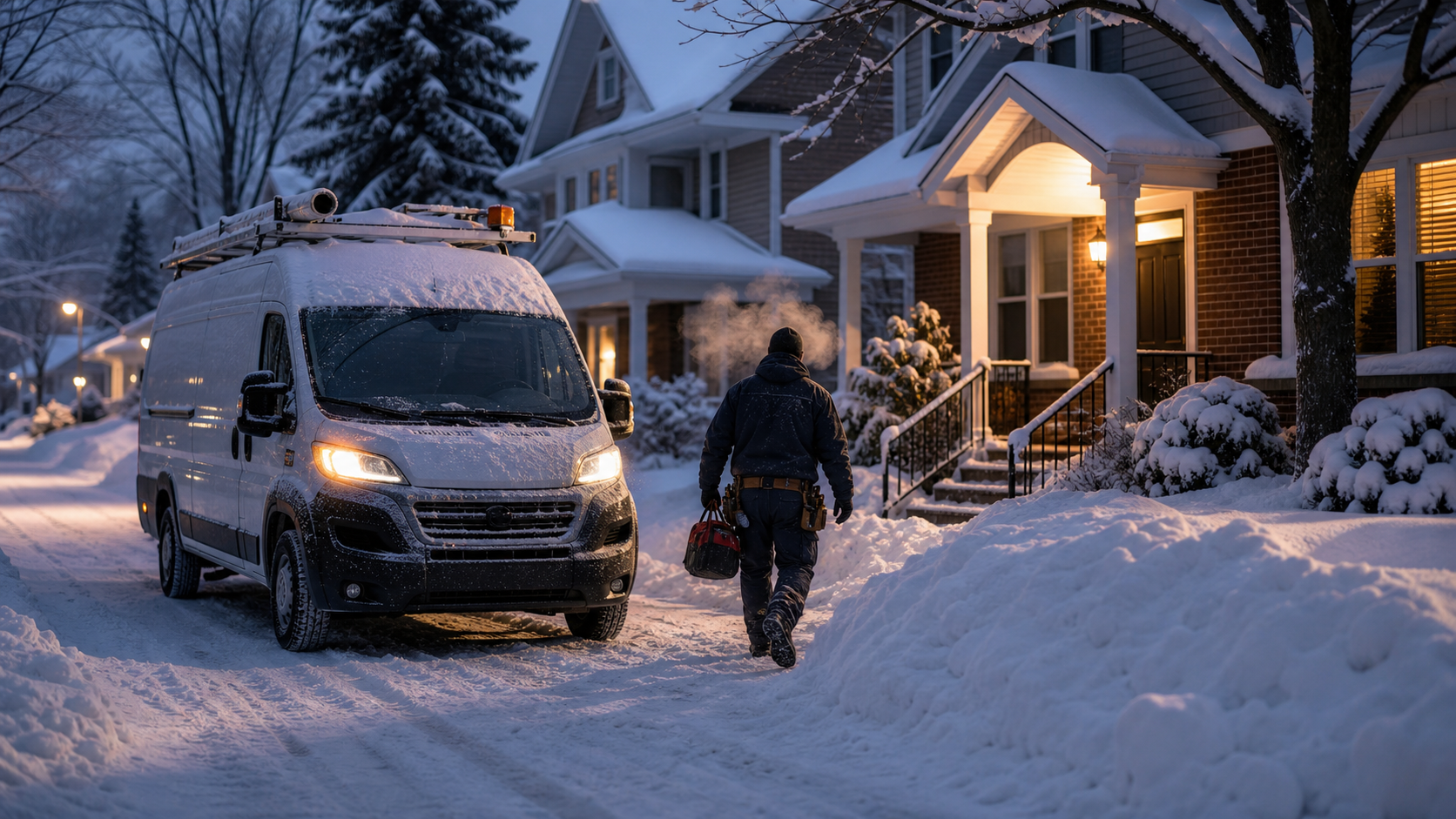 Buffalo HVAC cold snap demand with a service van responding to furnace repair calls during heavy snow