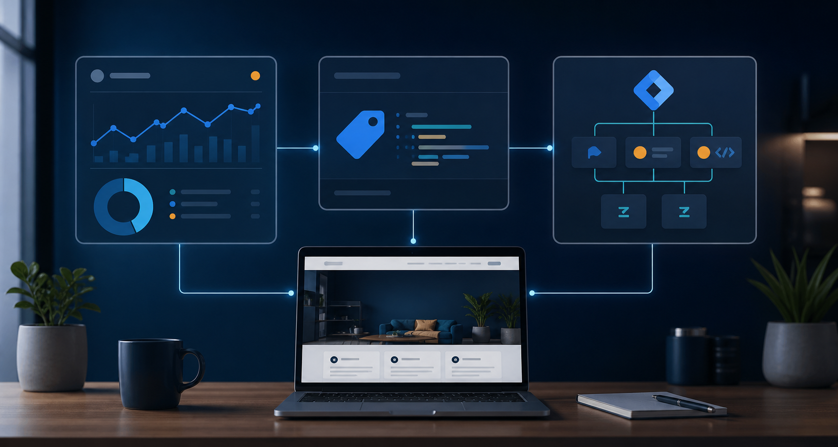 Three connected dashboard panels representing Google Analytics, Google tag, and Tag Manager tracking flow
