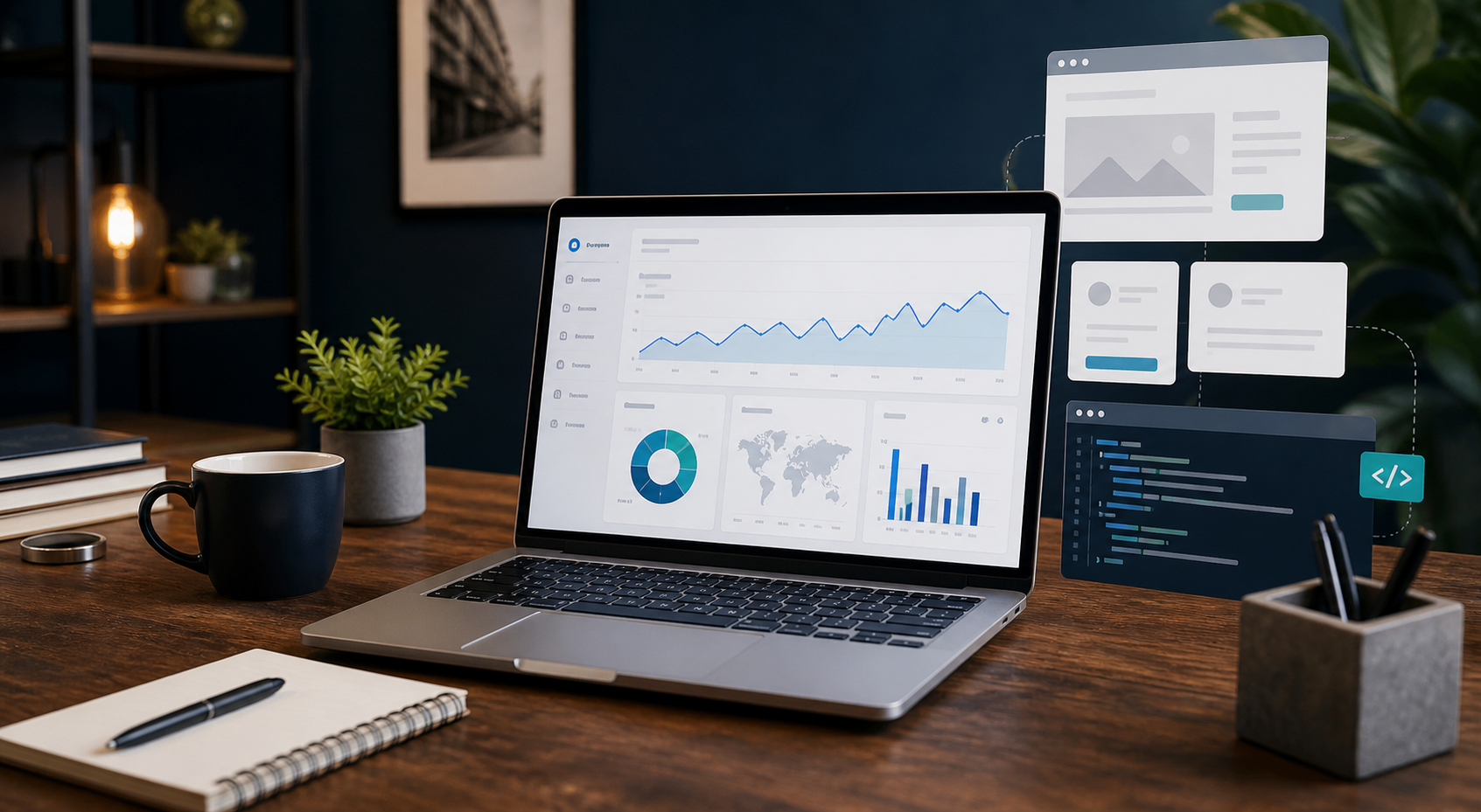 Small business owner reviewing a website analytics dashboard on a laptop beside notes and a phone