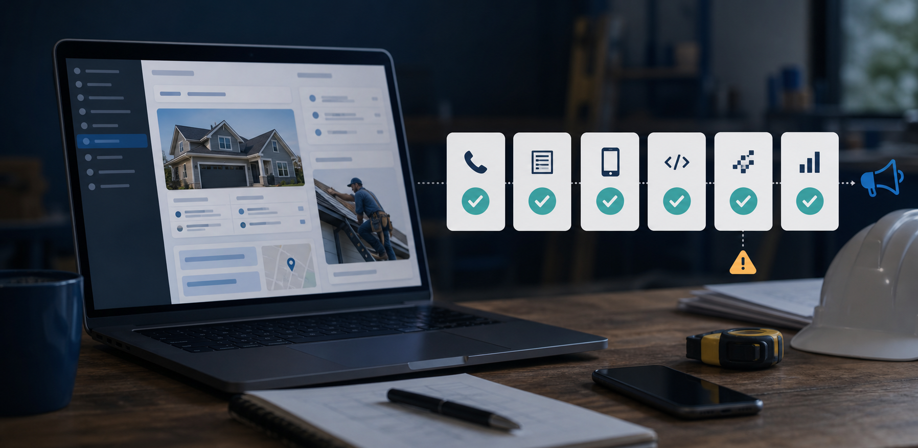 Marketing dashboard checklist with conversion tracking, phone calls, pixels, and mobile website checks